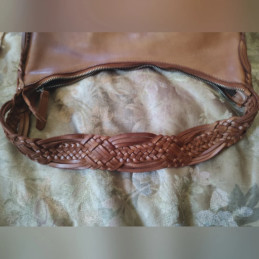 Vilenca Holland Braided Trim Leather Hobo Bag Brown Cognac
